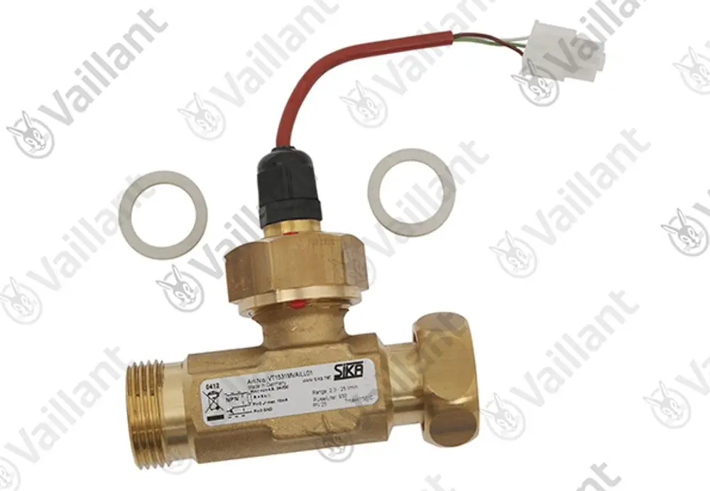 Vaillant Volumensensor mit elektrischer Anschlussleitung und zwei Dichtungen, gefertigt aus Messing, zur Integration in Heiz- oder Klimasysteme.